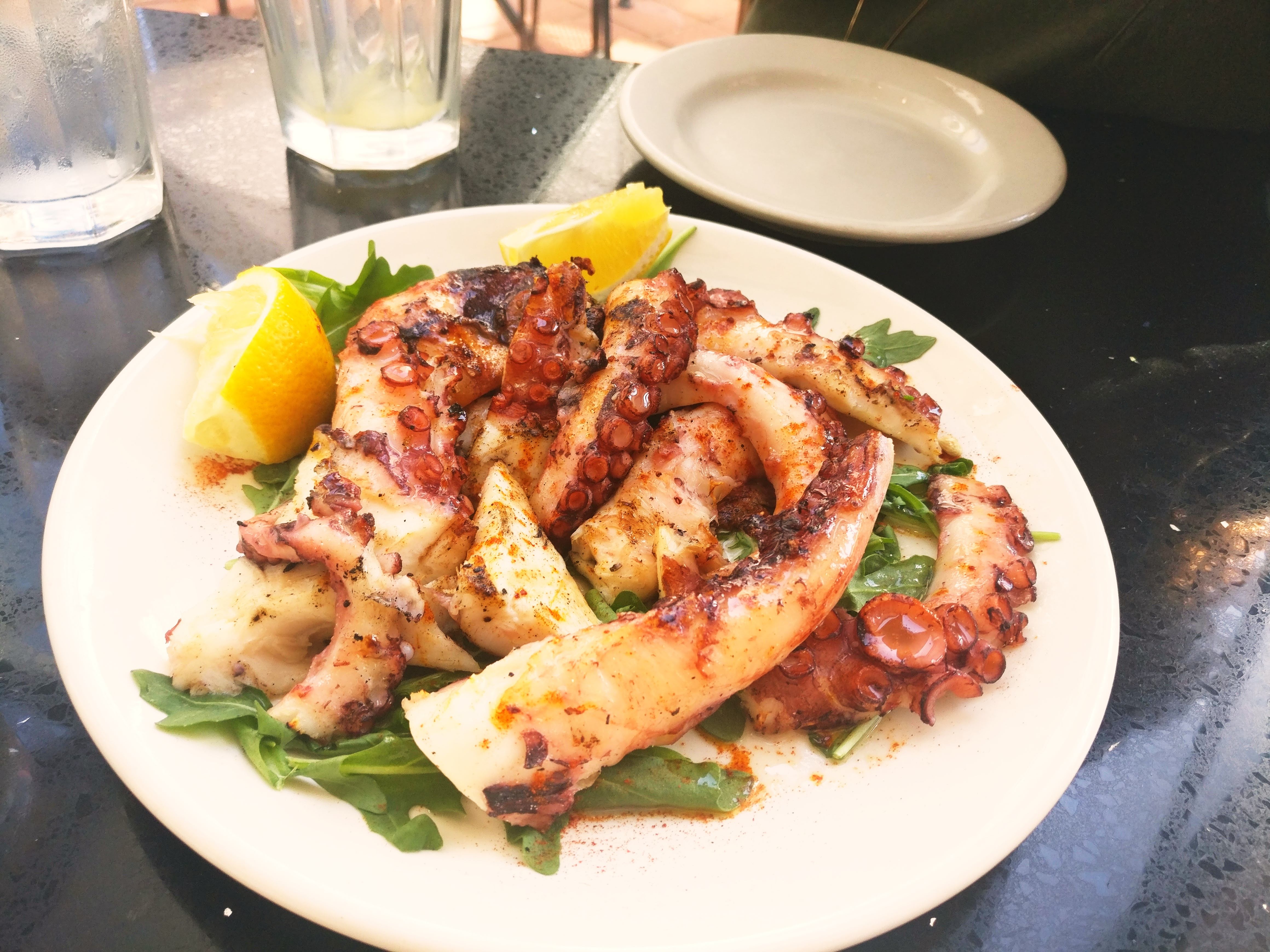 Grilled octopus tentacles on Roosevelt Island on a cheap day trip from Manhattan by ferry.