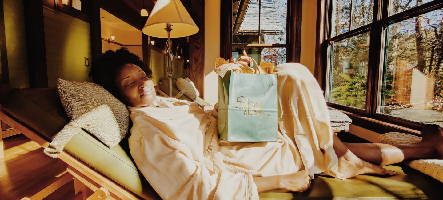 Black girl relaxing after a spa treatment at Mohonk Mountain House, NY