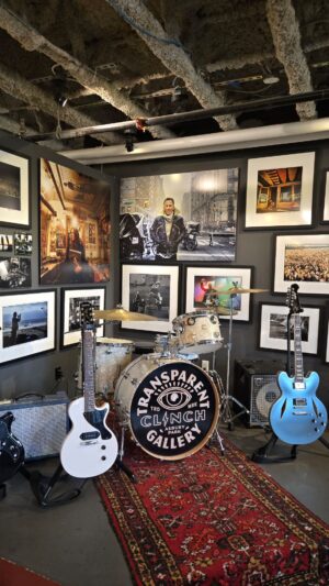 Photos of drums, guitars, and Springsteen memorabilia in Asbury Park