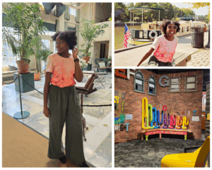 Black woman in a collage mix at Eastman House, Eric Canal cruise, and Strong Museum of Play in Rochester, NY