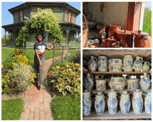 Black woman posing in front of a green octagonal house, and pictures of pottery and jars at Genesee Country Village & Museum in Rochester, NY
